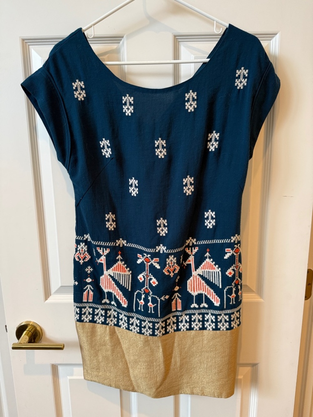 Floreat Navy Embroidered Mini Dress with Gold Hem